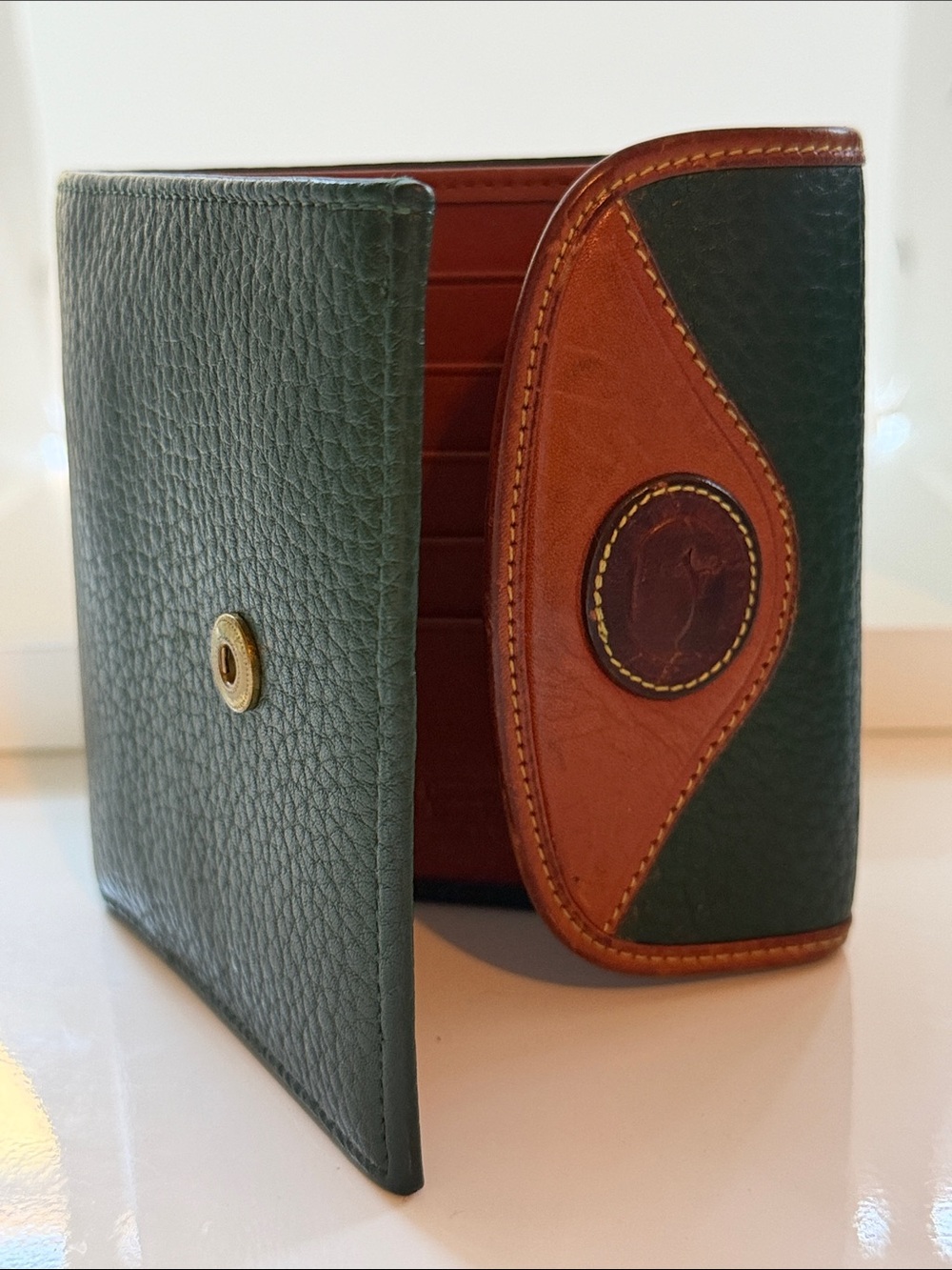 Dooney & Bourke Vintage Green & Tan Leather Bifold Wallet w/ Coin Purse
